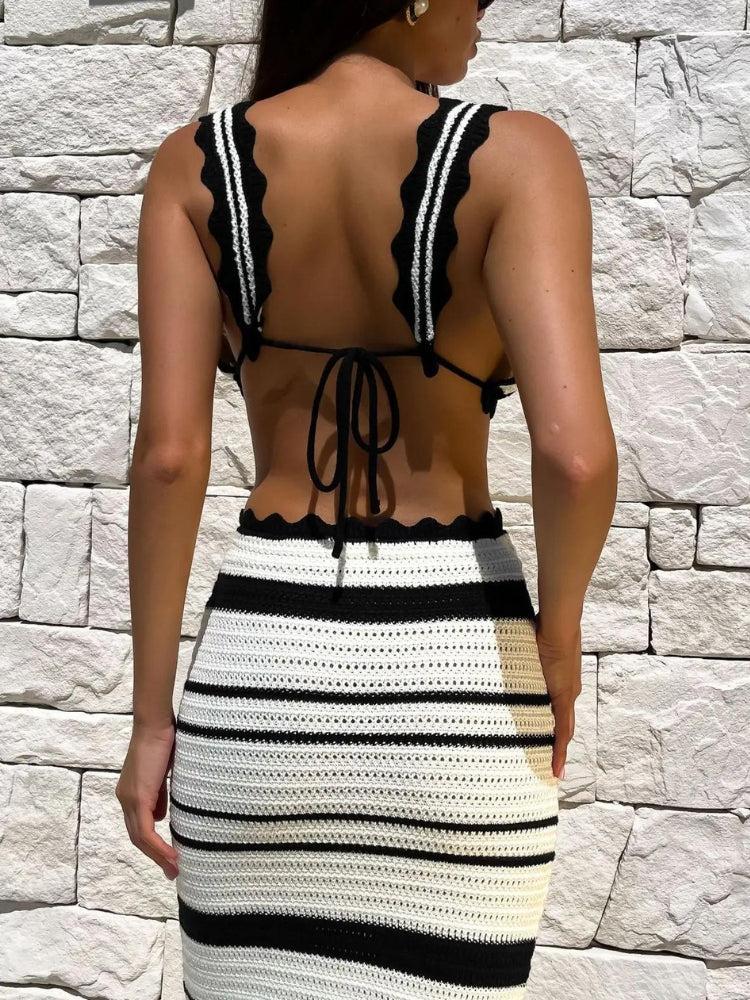 Crochet Striped Crop Top & Maxi Skirt Two Piece Coord - Image 4