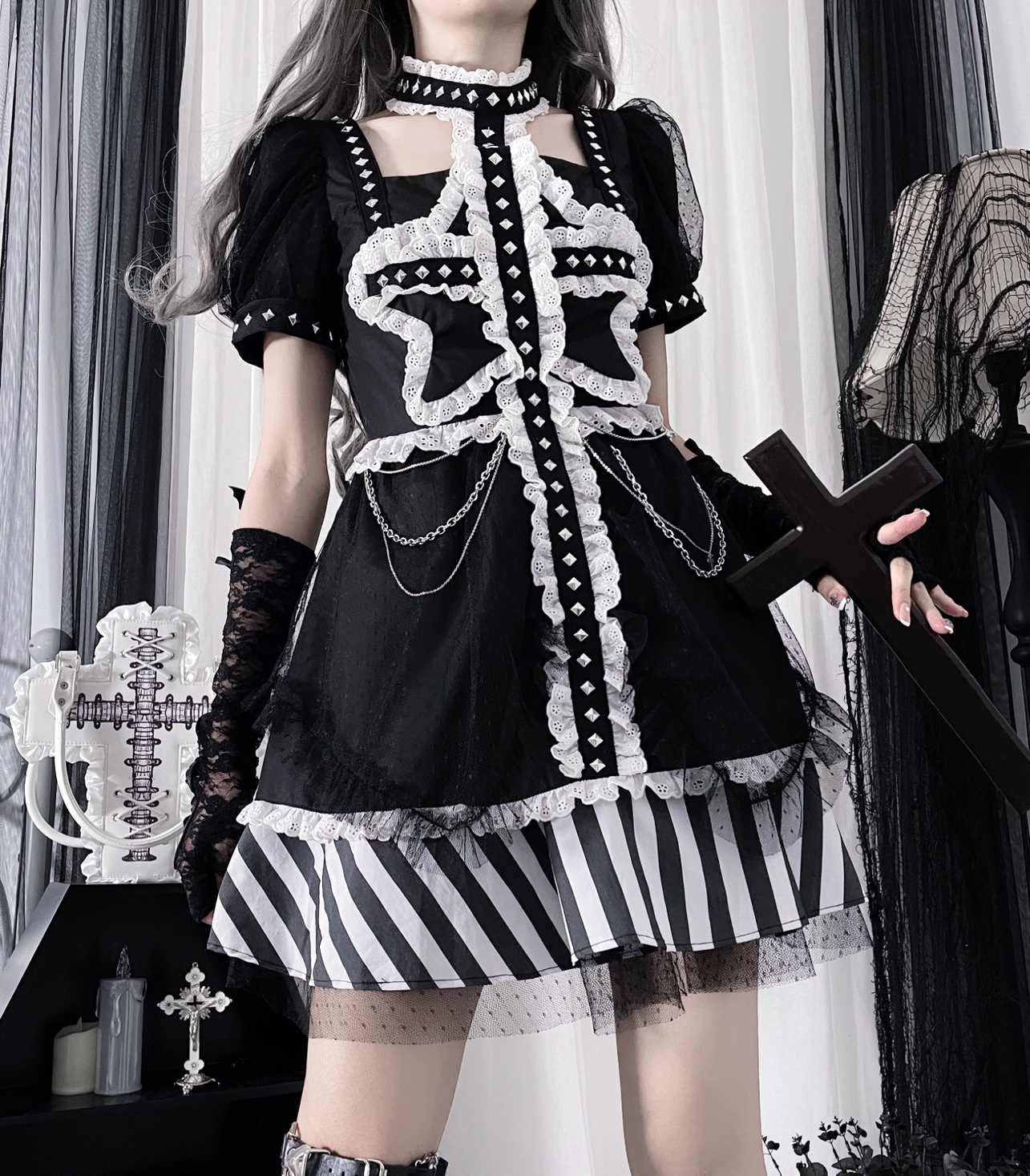 Cross Star Goth Puff Sleeve Dress - Image 7