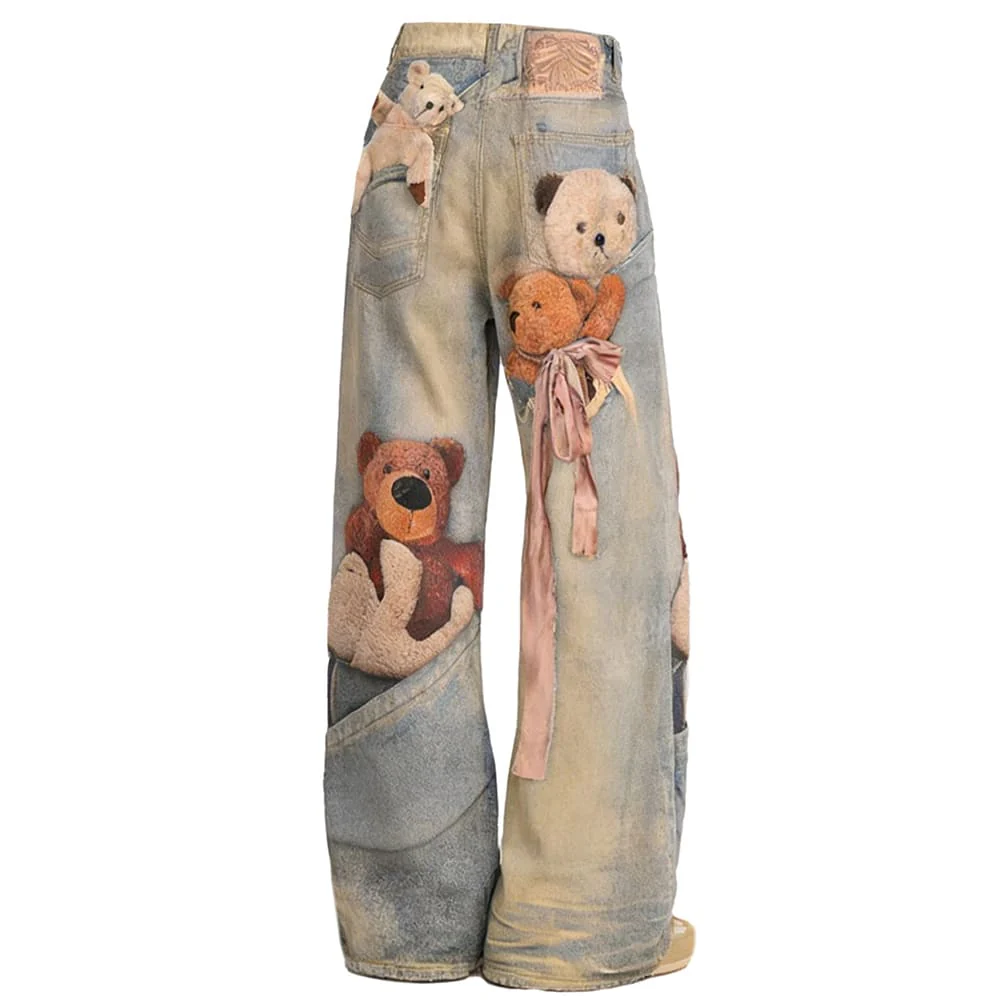 Cute Bears Print Baggy Jeans - Image 3