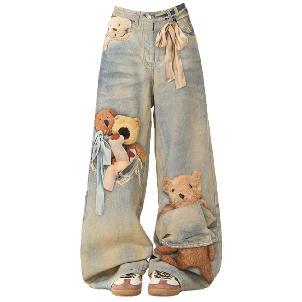 Cute Bears Print Baggy Jeans - Image 6
