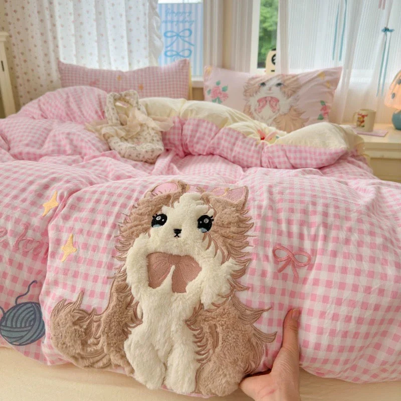 Cute Kitty Pink Gingham Bedding Set - Image 7