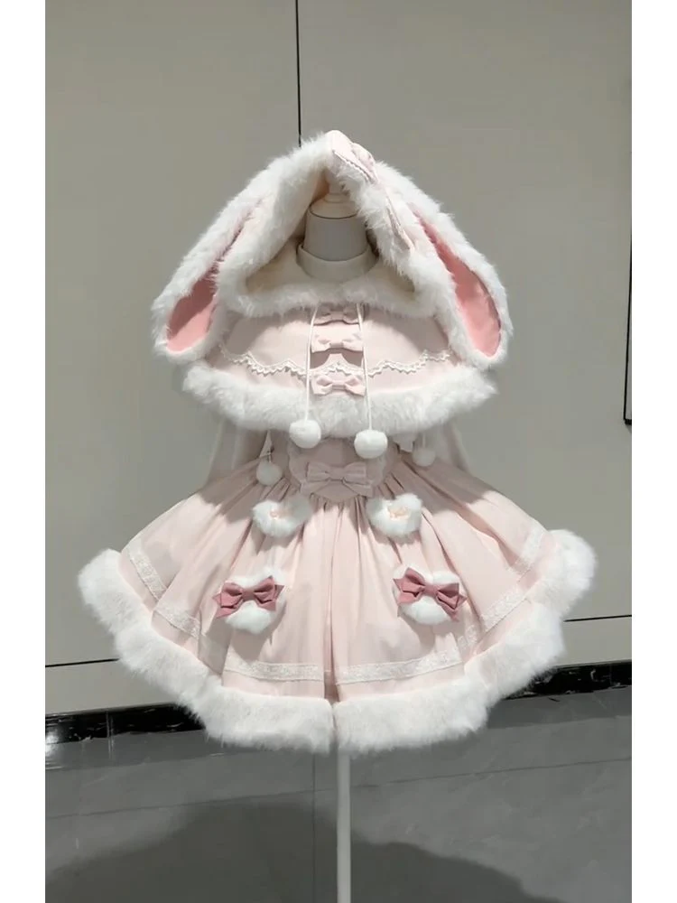cute pink fur rabbit ears kawaii coat suit - Image 2