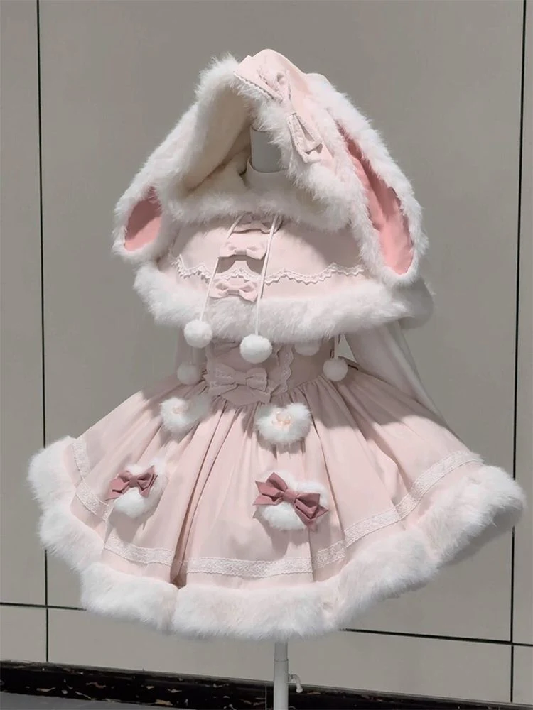 cute pink fur rabbit ears kawaii coat suit - Image 4