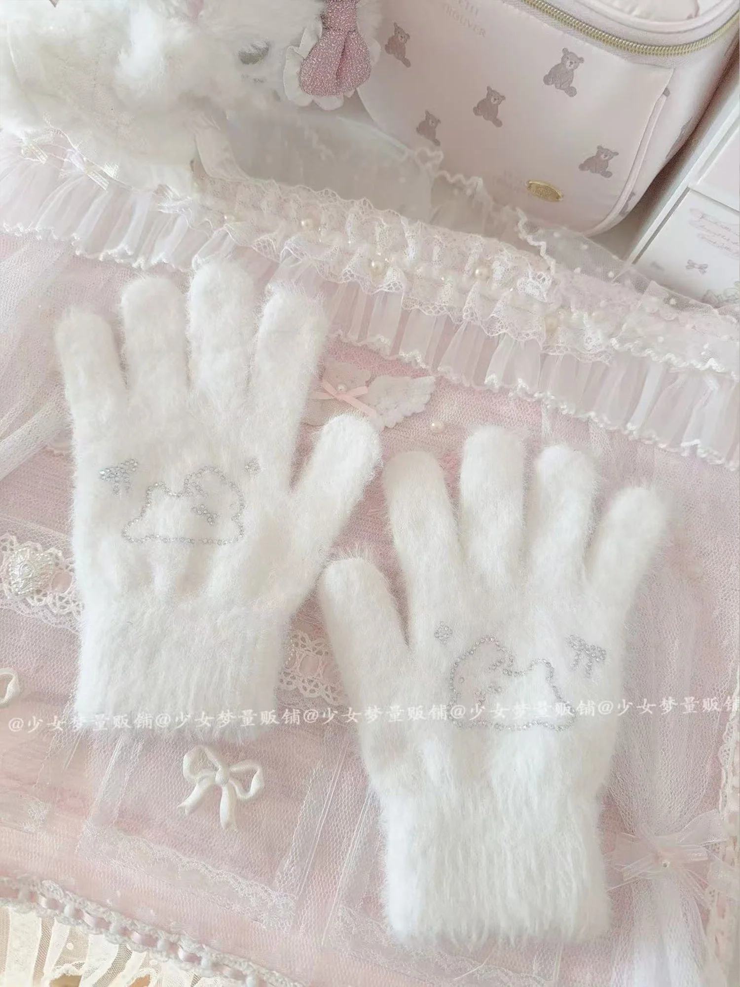 Cute Rhinestone Bunny Fingered Plush Gloves - Image 3