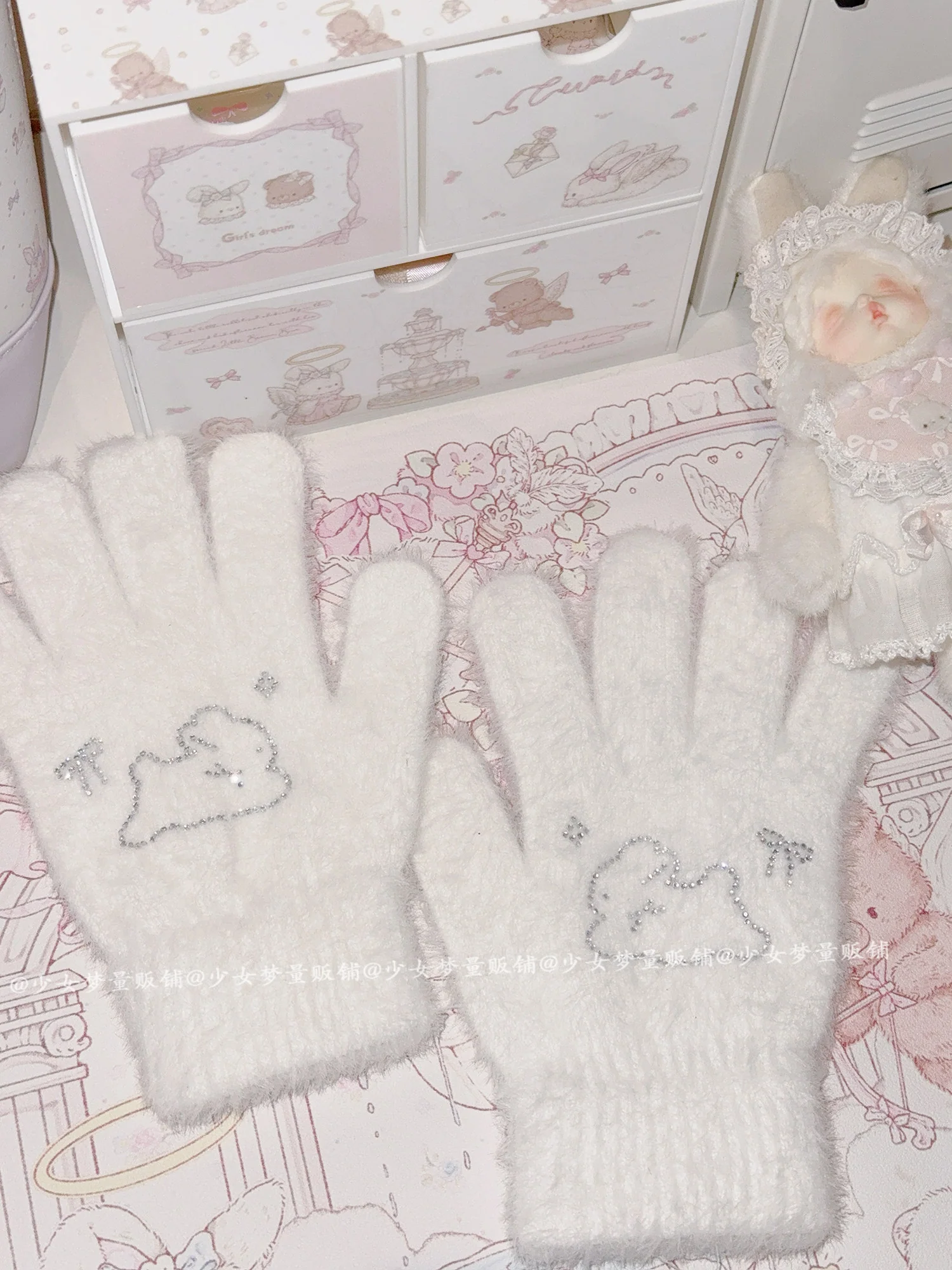Cute Rhinestone Bunny Fingered Plush Gloves - Image 5