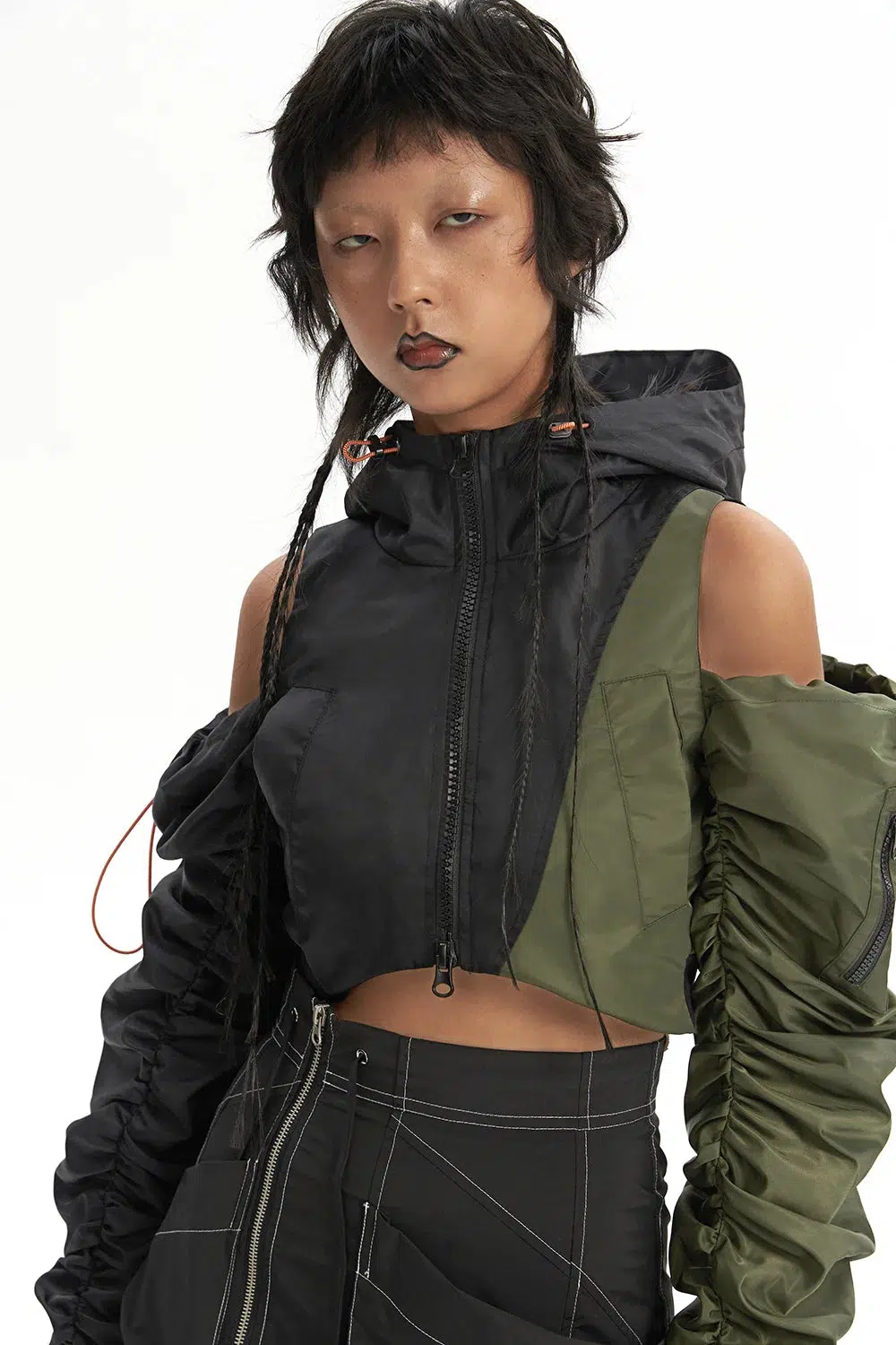 Cyberpunk Ruched Sleeve Puffer Green Jacket - Image 2