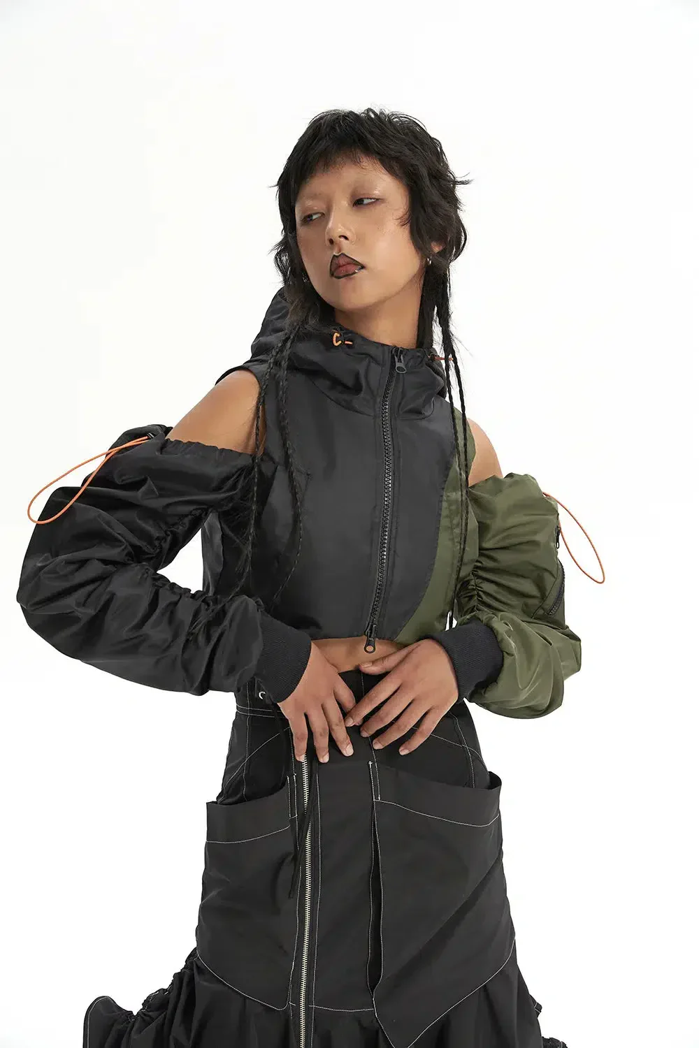 Cyberpunk Ruched Sleeve Puffer Green Jacket - Image 3