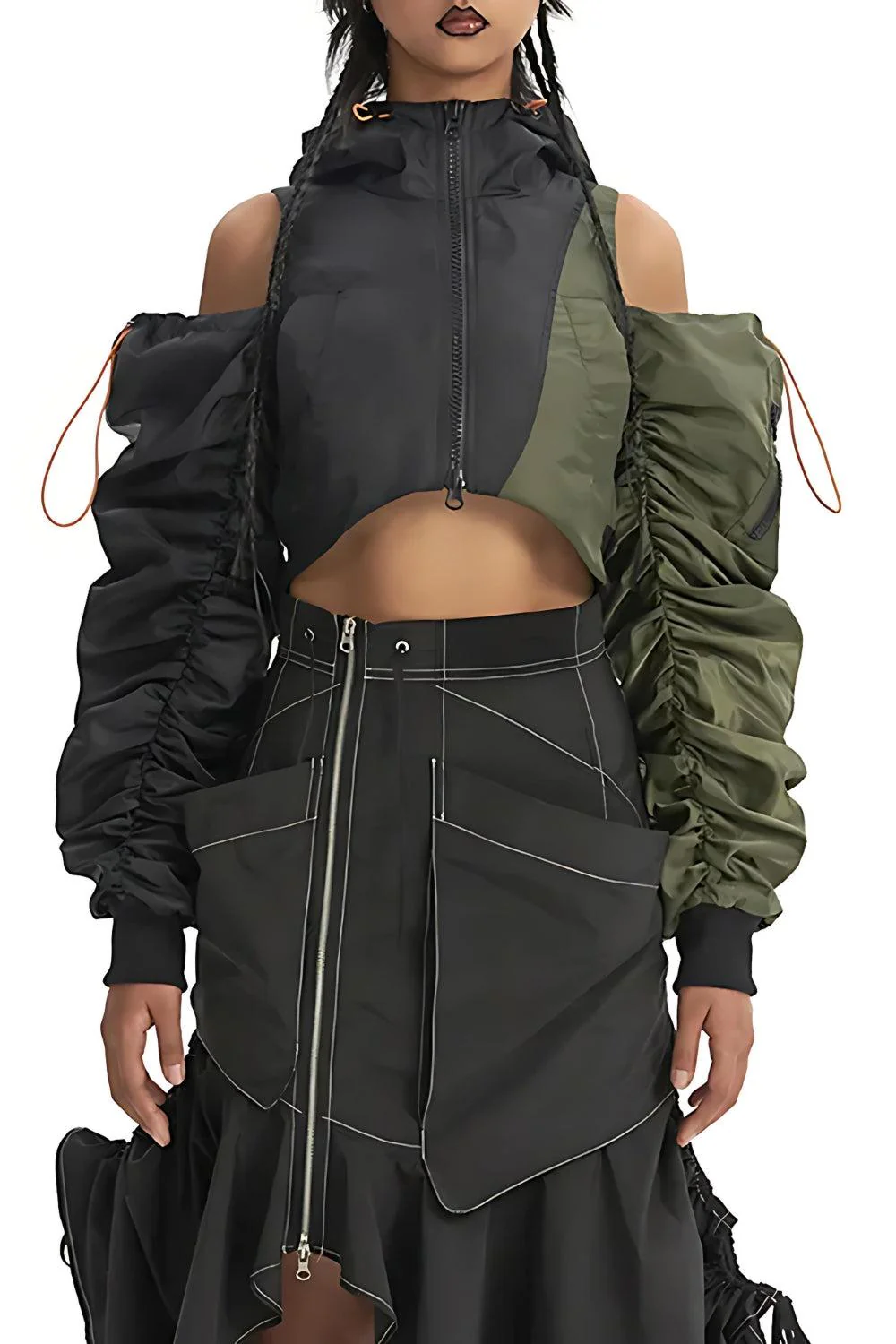 Cyberpunk Ruched Sleeve Puffer Green Jacket - Image 6