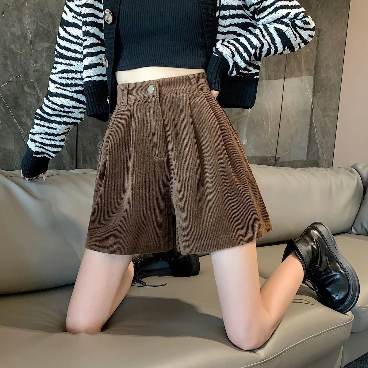 Dark Academia High Waist Corduroy Shorts - Image 2