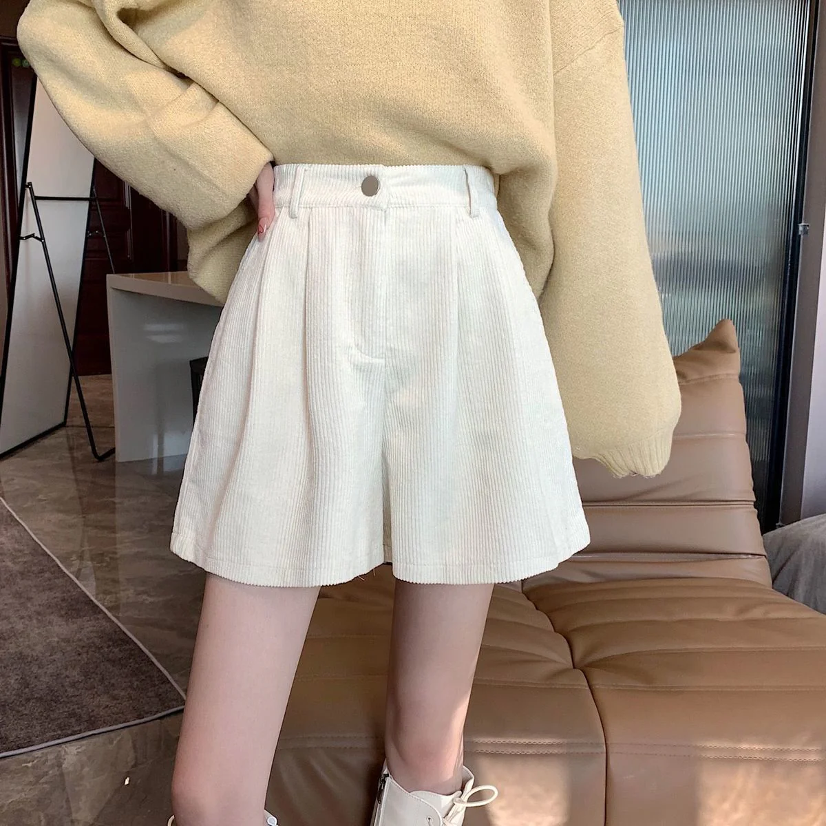 Dark Academia High Waist Corduroy Shorts - Image 8