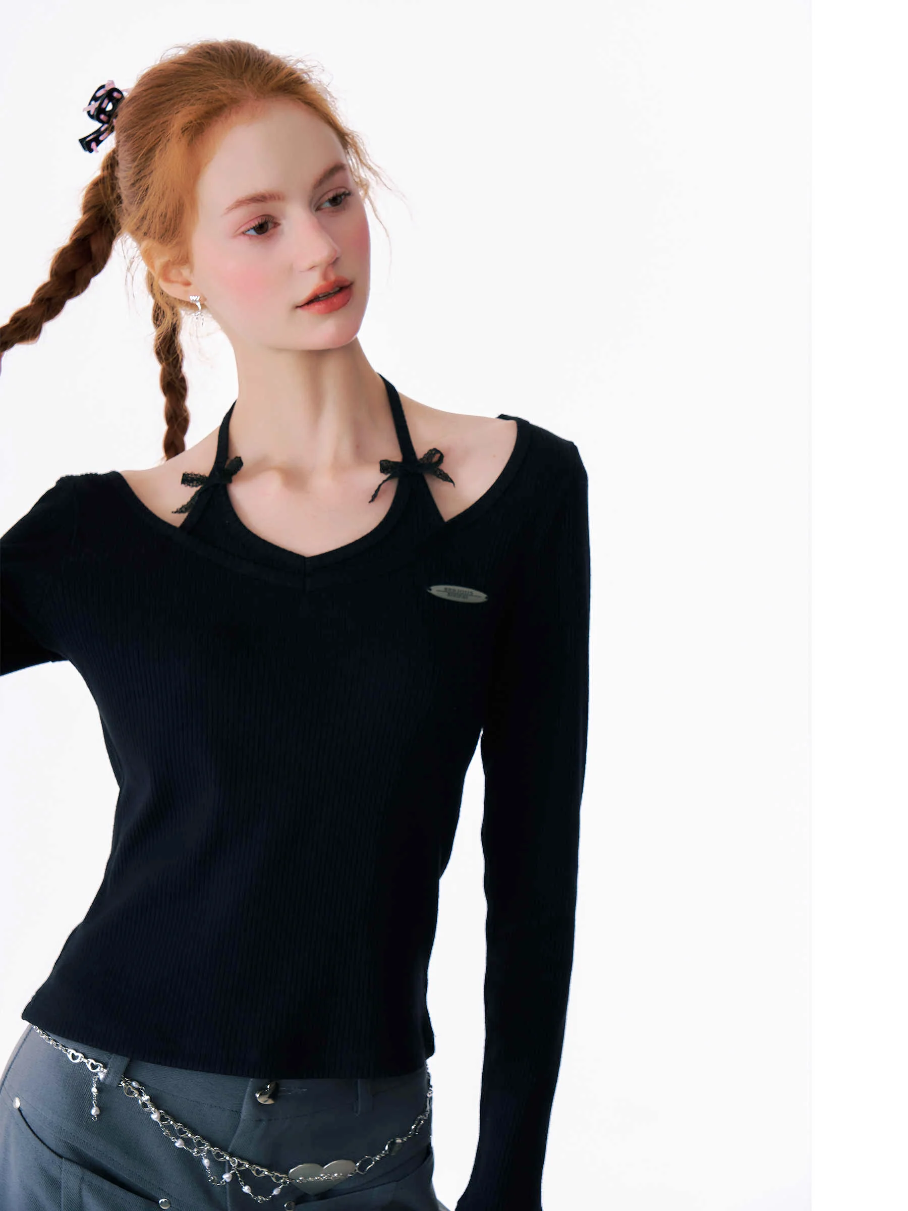 Dark Bow Halter Neck Long-sleeved Top - Image 5