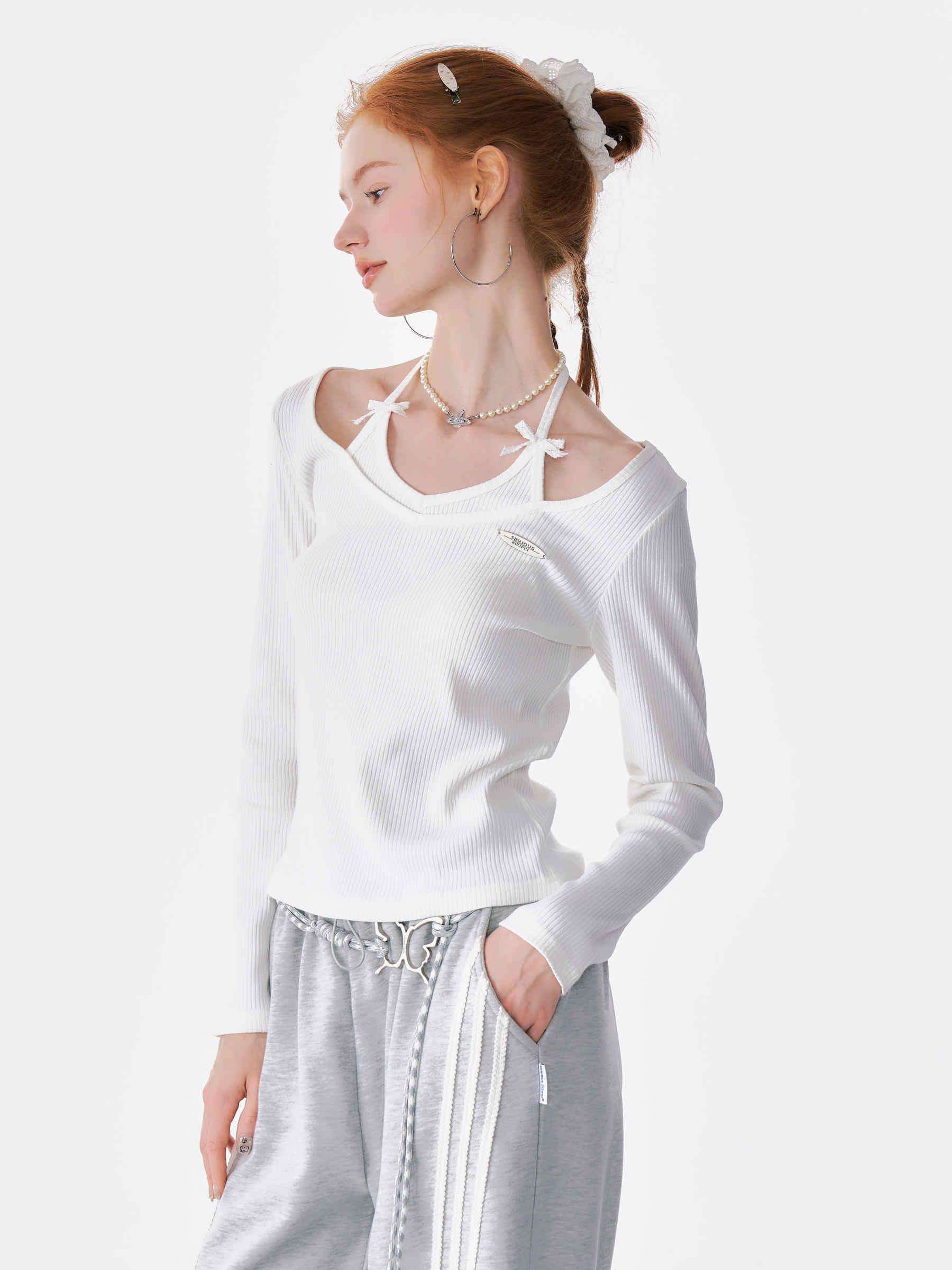 Dark Bow Halter Neck Long-sleeved Top - Image 6