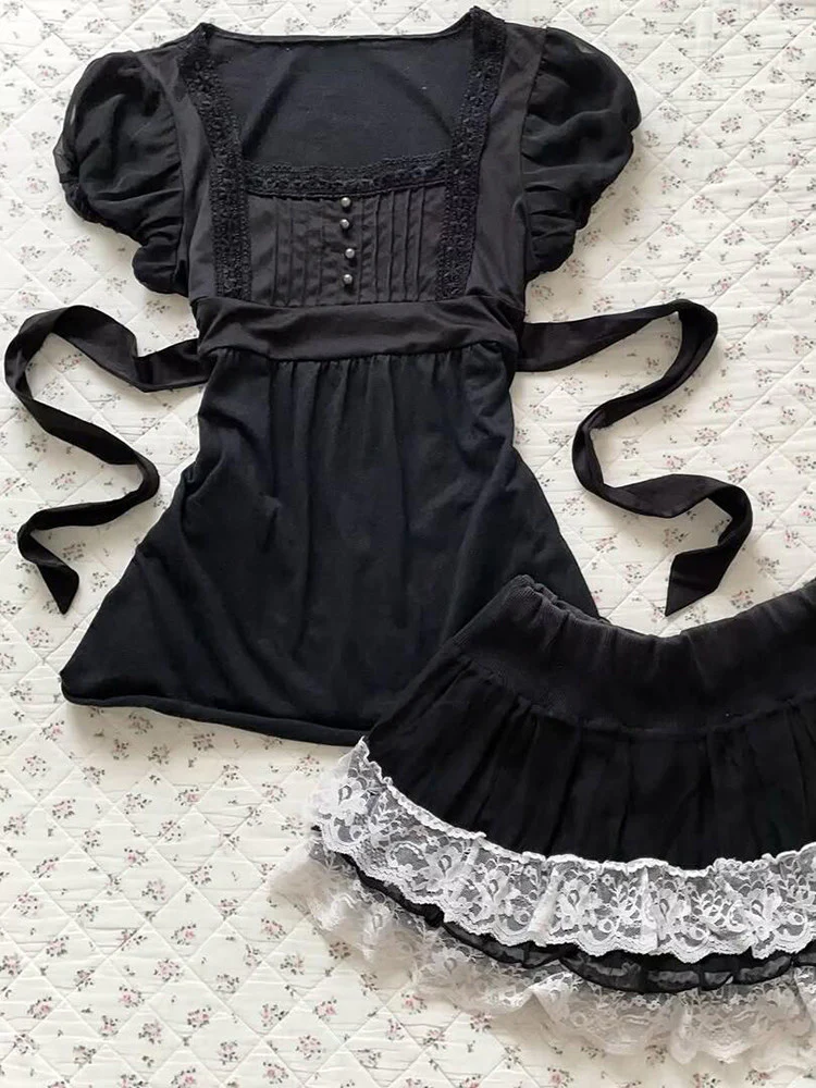 dark coquette bow lace shirt - Image 2