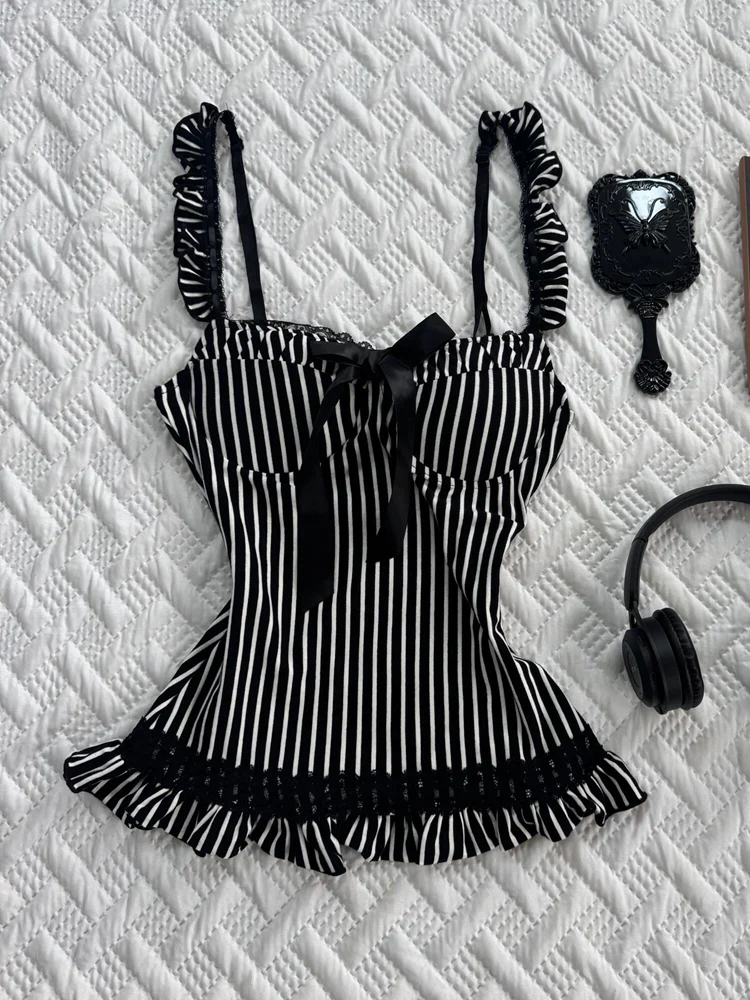 dark coquette Bow lace striped tank top