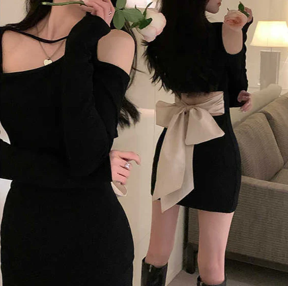 Dark Coquette Bow Long-sleeved Mini Dress - Image 2