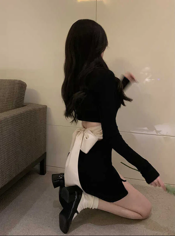 Dark Coquette Bow Long-sleeved Mini Dress - Image 4