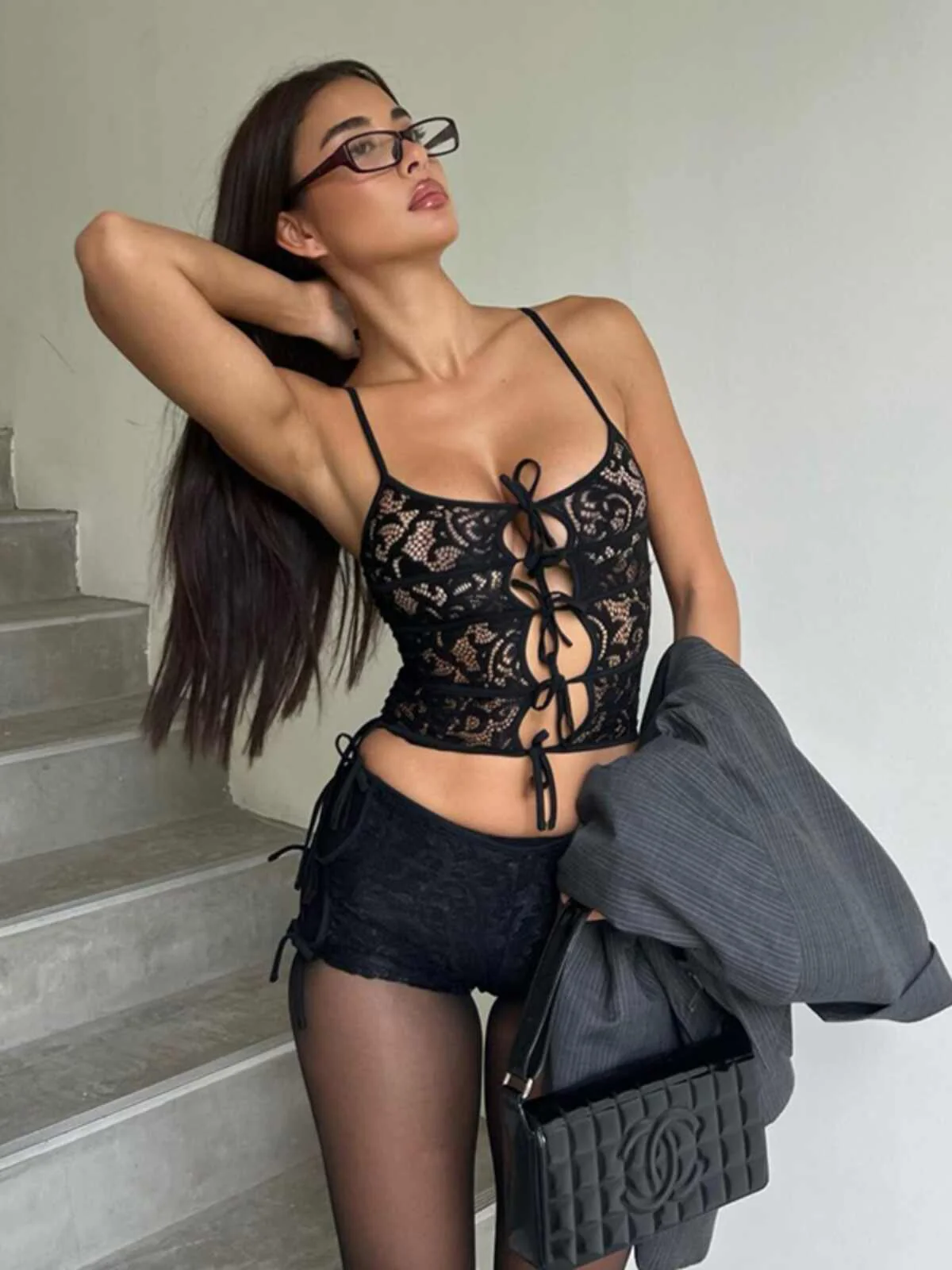 Dark Coquette Hollow Lace Tank Top - Image 4