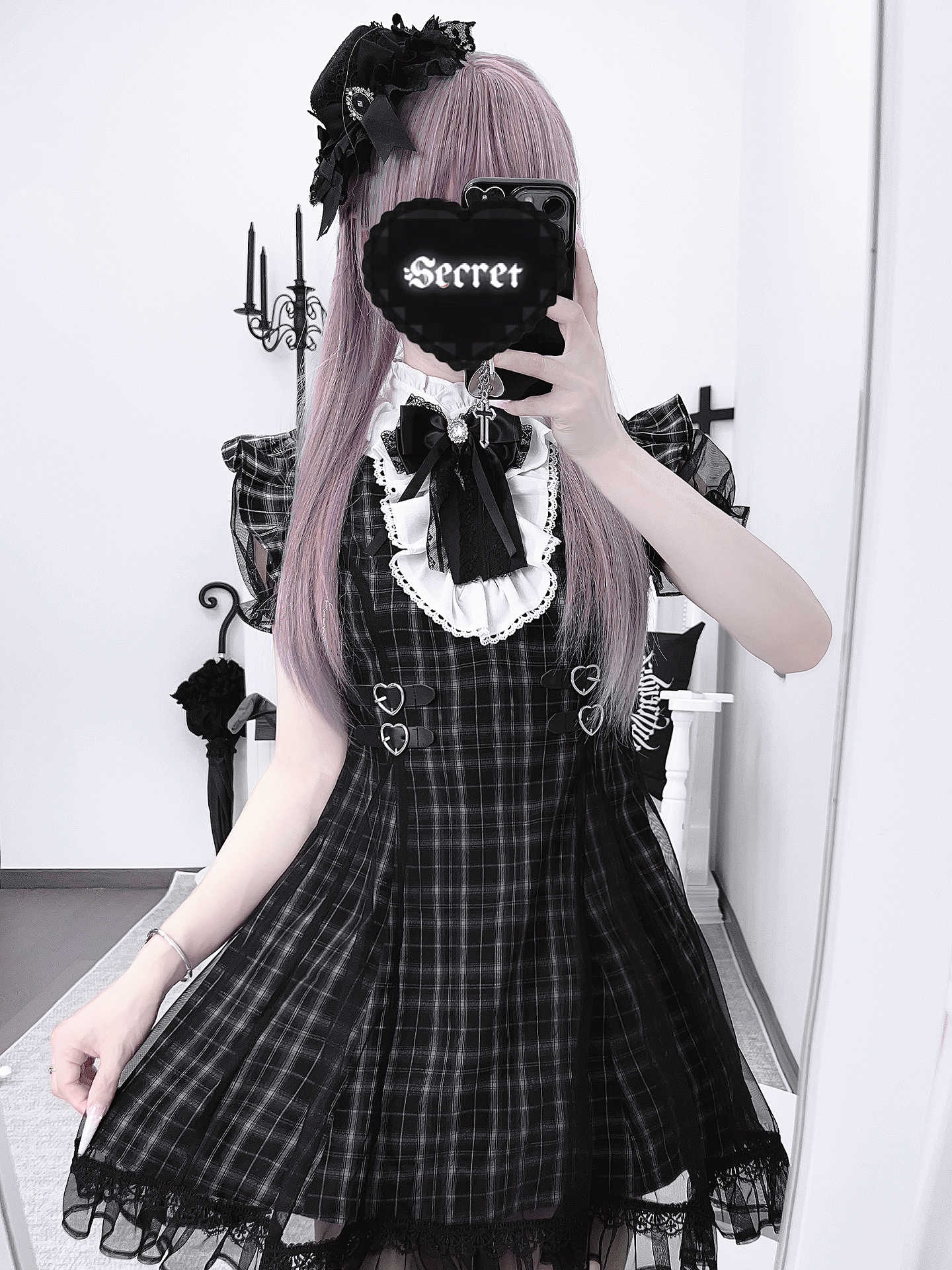 Dark Coquette Lace Plaid Dress - Image 2