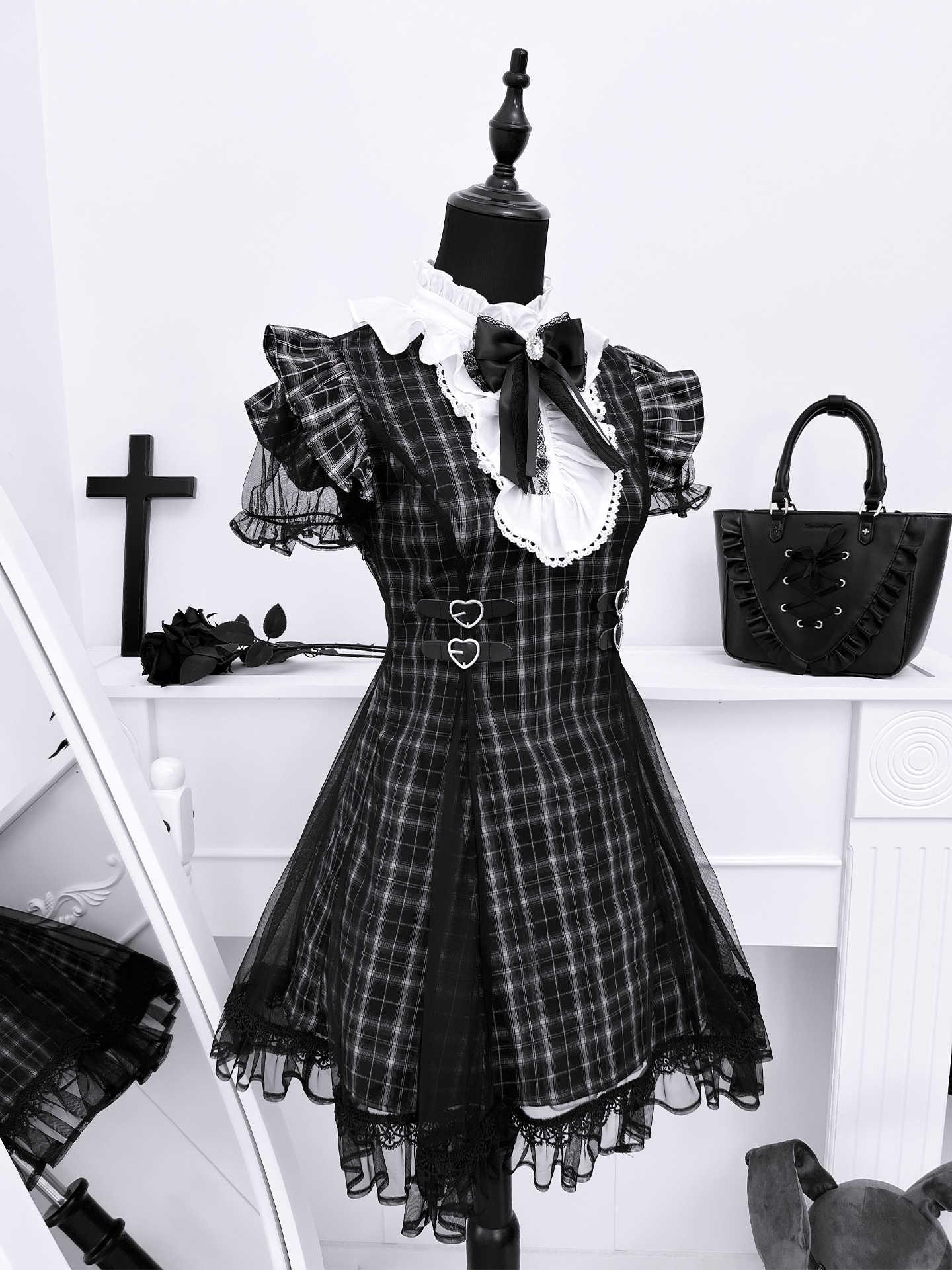 Dark Coquette Lace Plaid Dress - Image 3