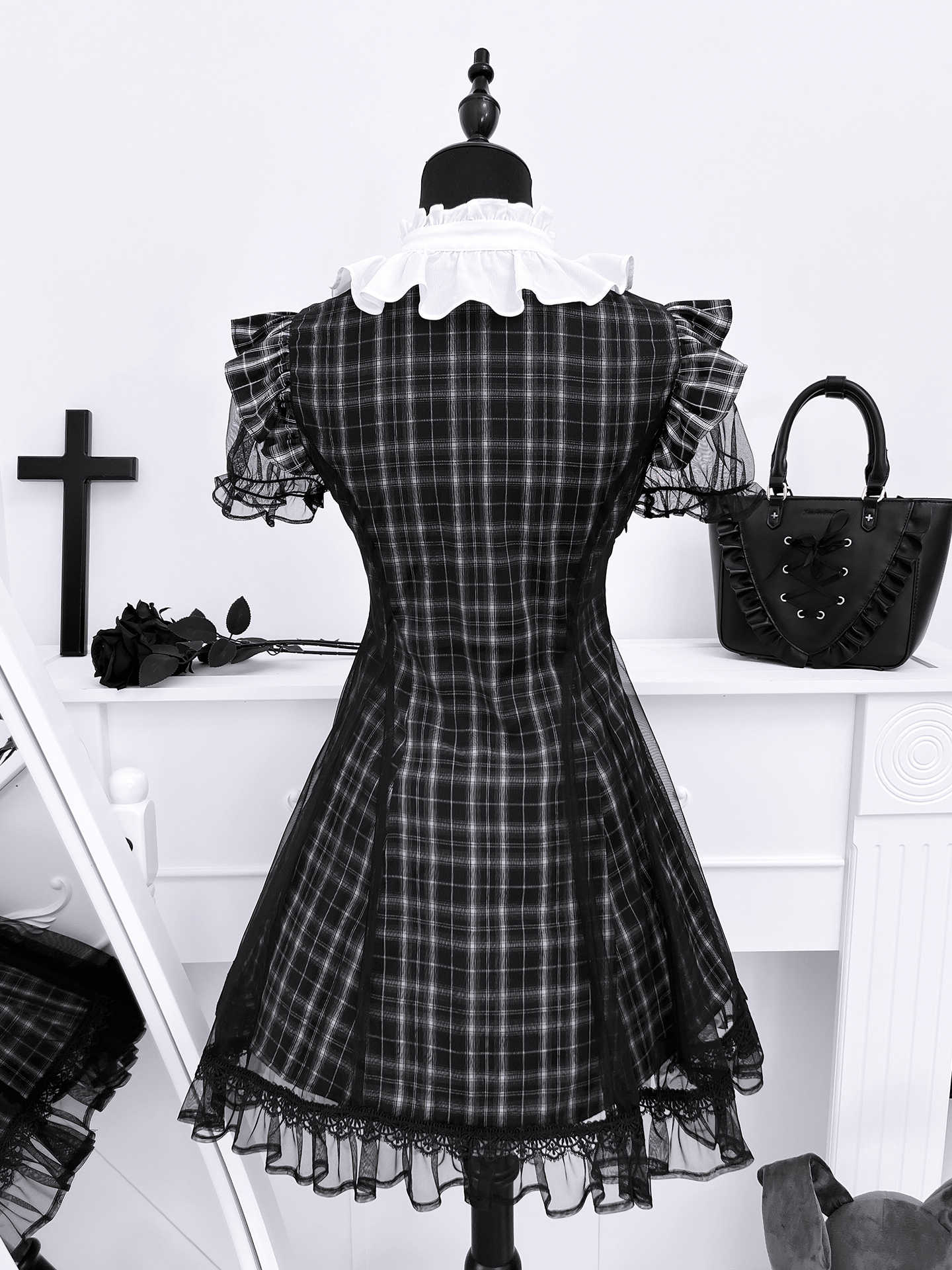 Dark Coquette Lace Plaid Dress - Image 4