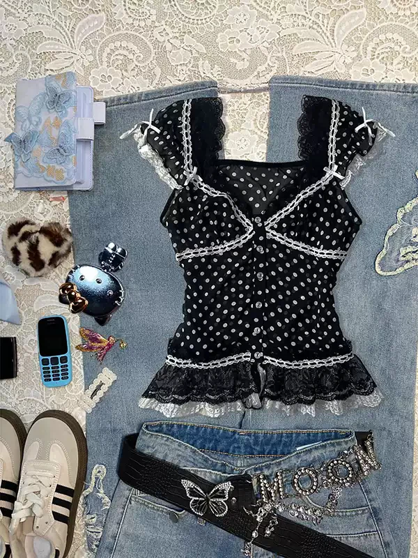 Dark Coquette Lace Polka Dot Chiffon Shirt - Image 3