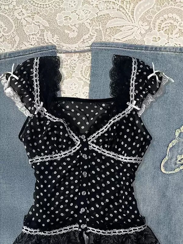 Dark Coquette Lace Polka Dot Chiffon Shirt - Image 4