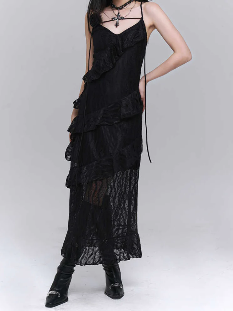 Dark Coquette Lace Ruffled Maxi Dress - Image 3