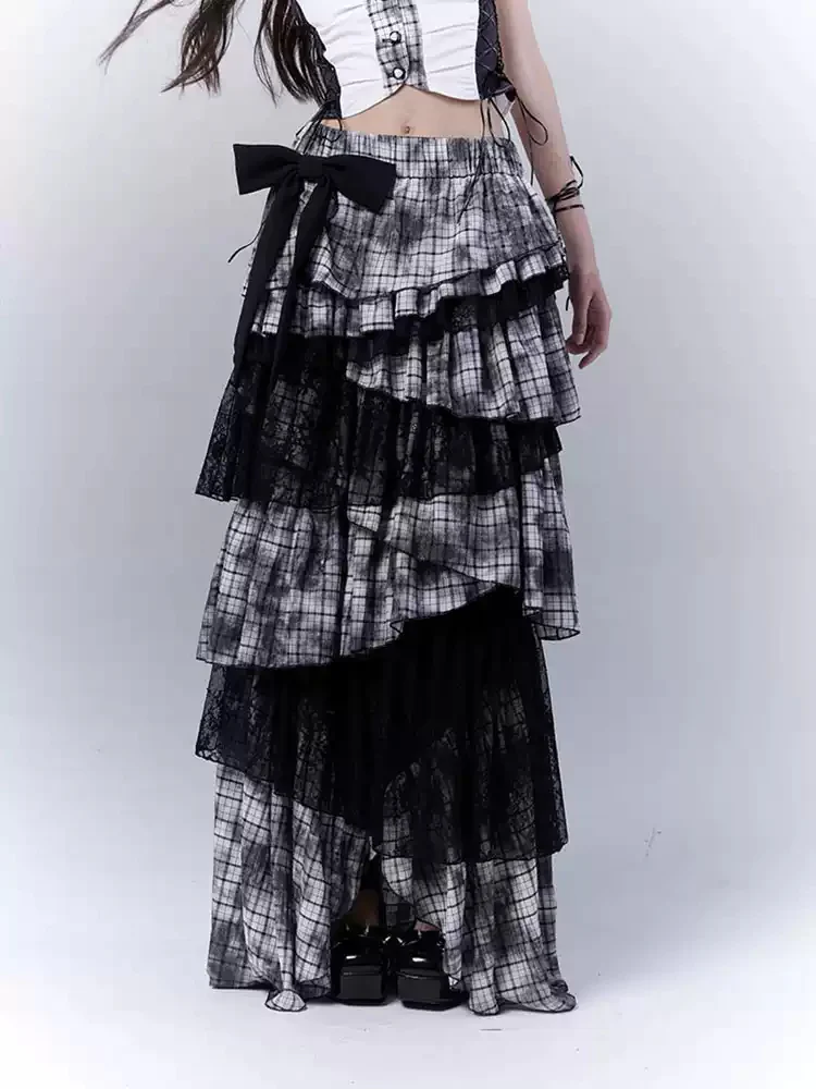 dark coquette lace splicing plaid cake multi-layer irregular long skirt