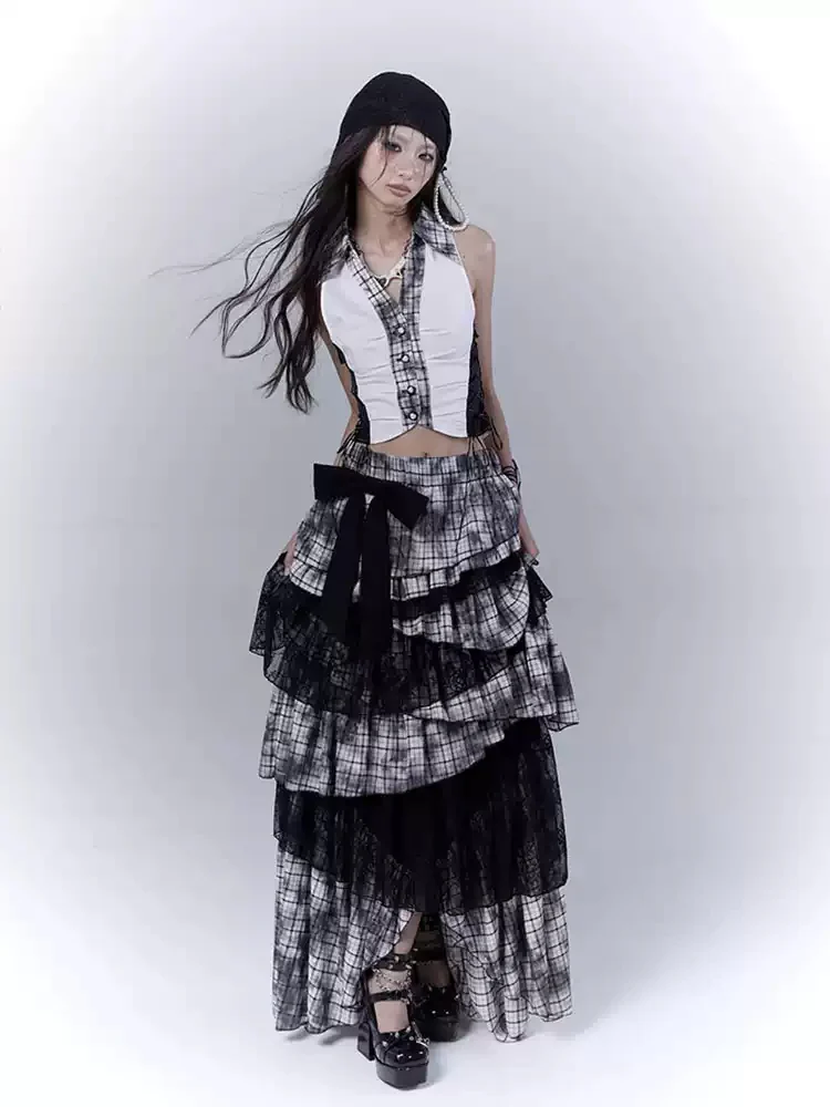 dark coquette lace splicing plaid cake multi-layer irregular long skirt - Image 2
