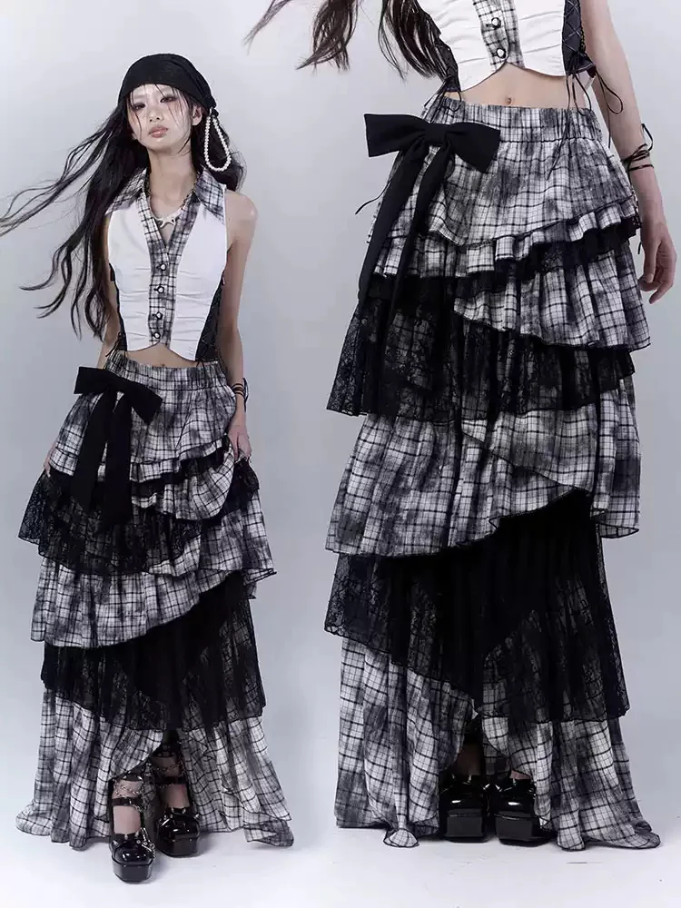dark coquette lace splicing plaid cake multi-layer irregular long skirt - Image 3