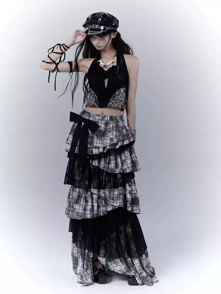 dark coquette lace splicing plaid cake multi-layer irregular long skirt - Image 4