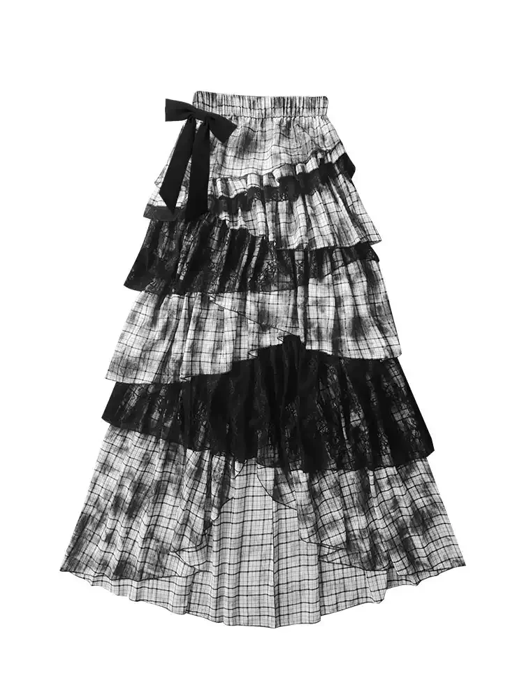 dark coquette lace splicing plaid cake multi-layer irregular long skirt - Image 5