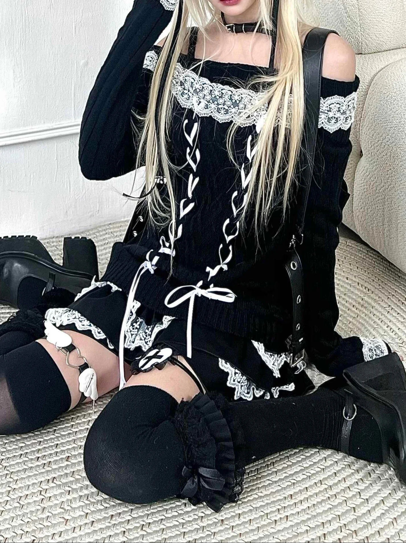 Dark Coquette Off-shoulder Lace Straps Sweater - Image 3
