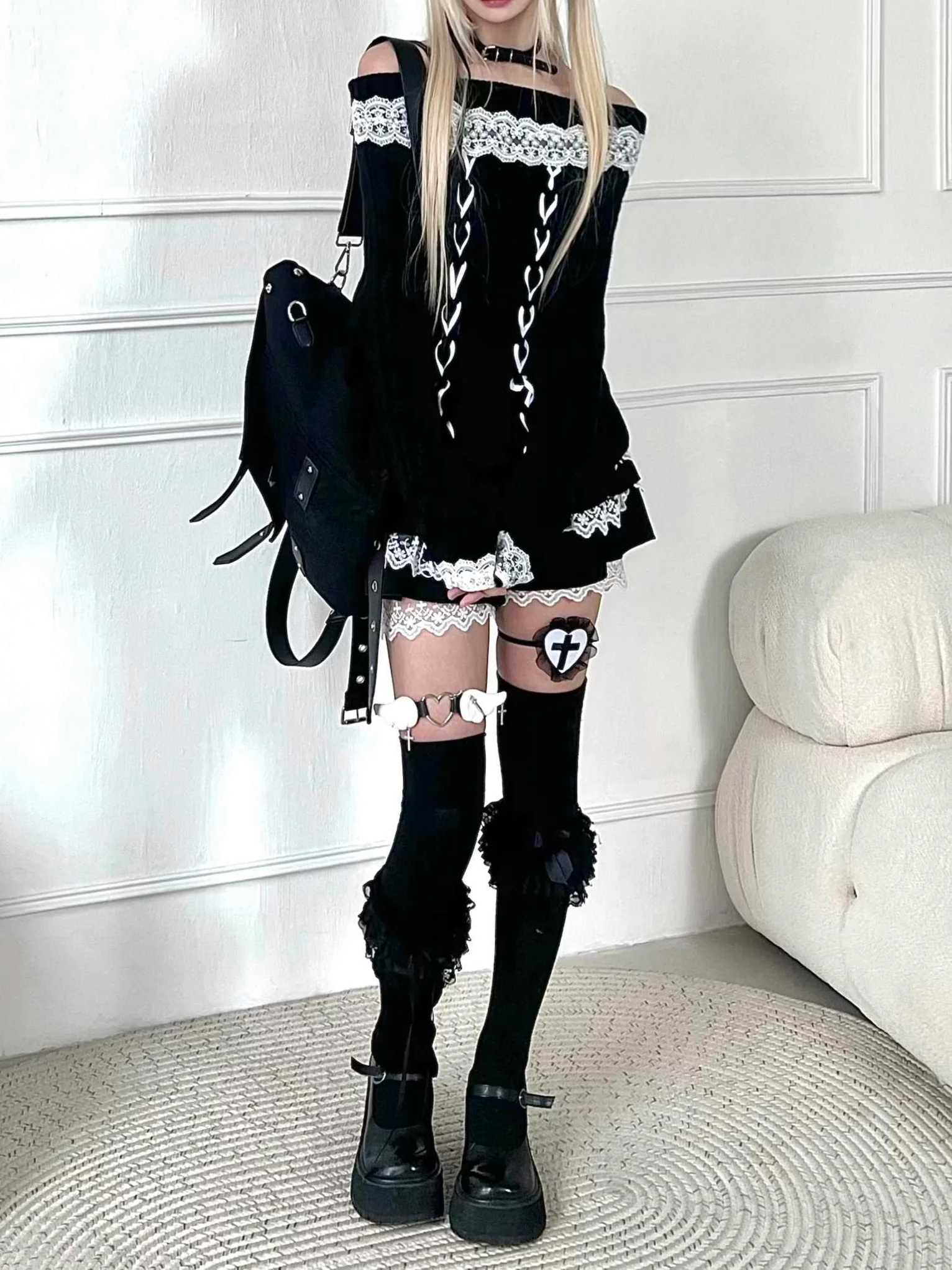 Dark Coquette Off-shoulder Lace Straps Sweater - Image 4