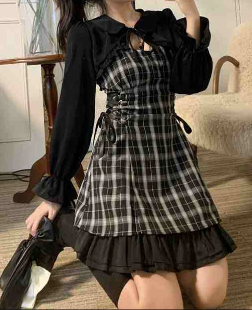Dark Coquette Plaid Suspender Dress - Image 4