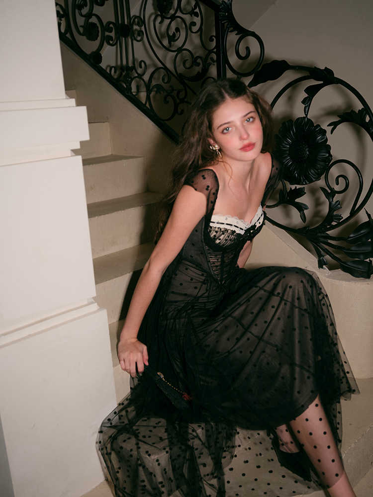 Dark Coquette Retro Lace Maxi Dress - Image 2