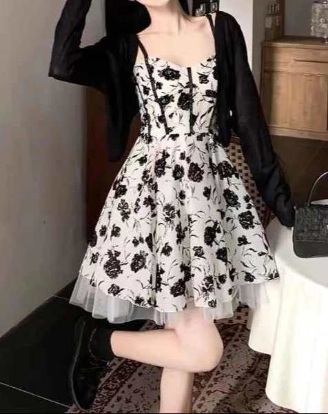 Dark Coquette Rose Floral Suspender Dress - Image 2