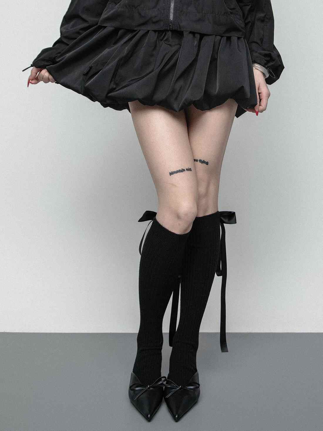 Dark Coquette Satin Ribbon Bow Calf Socks - Image 2