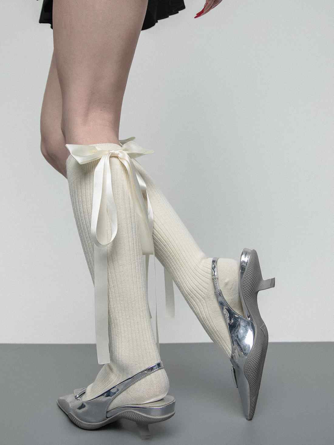 Dark Coquette Satin Ribbon Bow Calf Socks - Image 3