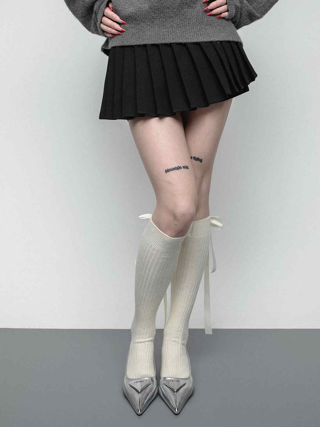 Dark Coquette Satin Ribbon Bow Calf Socks - Image 4