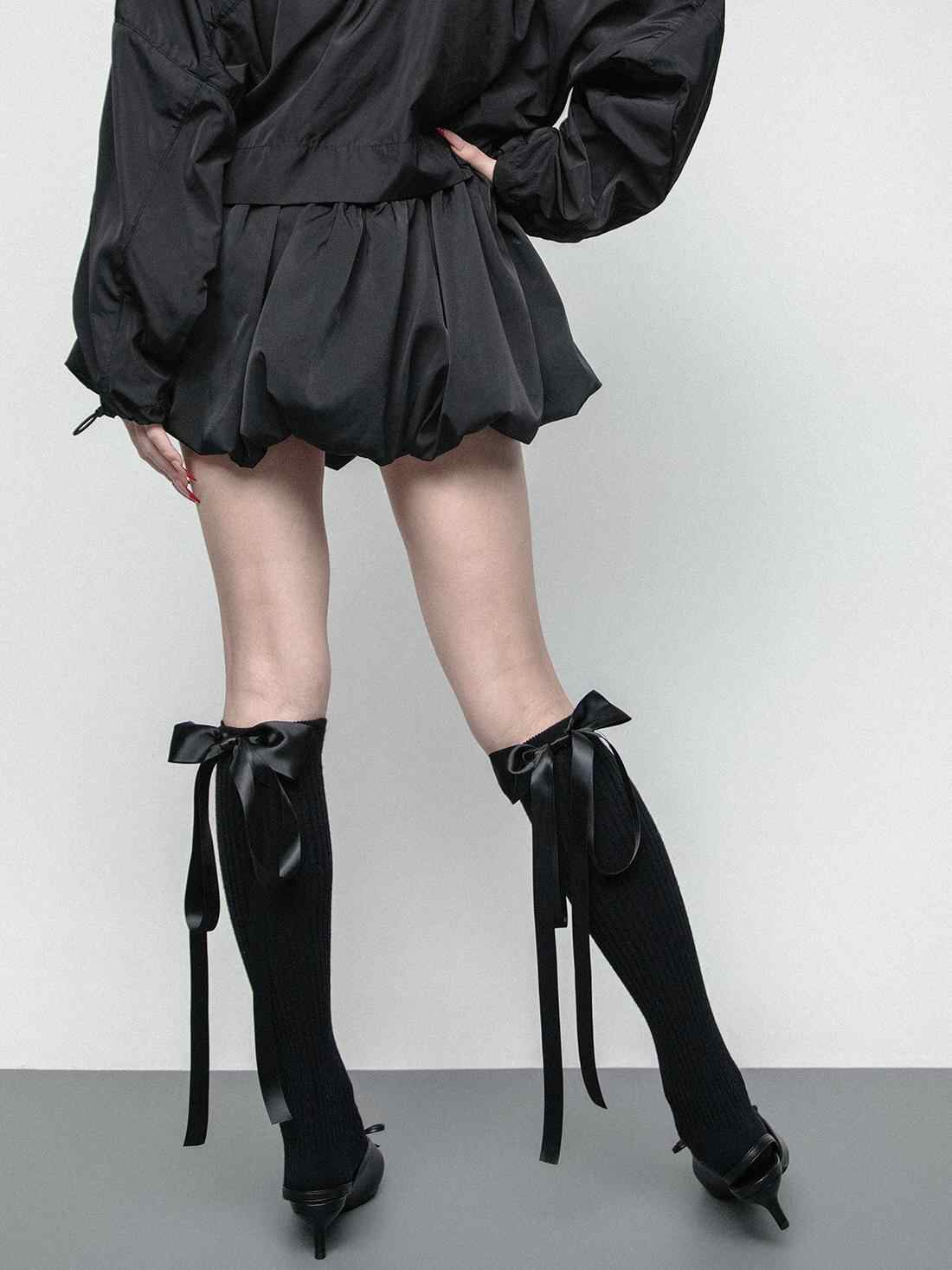 Dark Coquette Satin Ribbon Bow Calf Socks - Image 5
