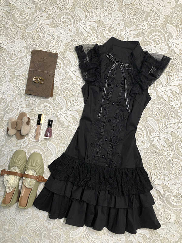 Dark Coquette Stand-up Collar Shirt Dress - Image 2