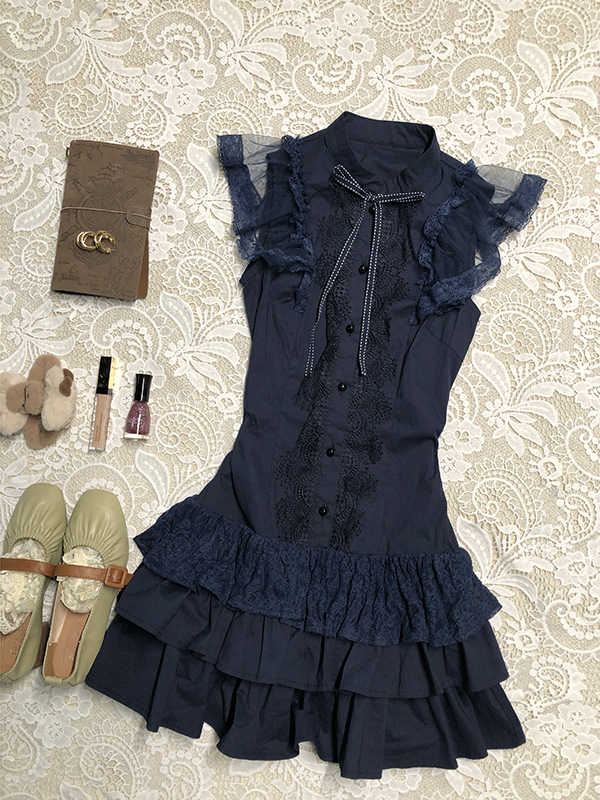 Dark Coquette Stand-up Collar Shirt Dress - Image 5