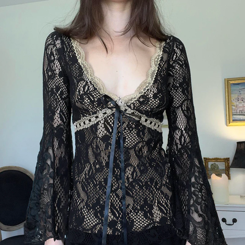 Dark Coquette V-neck Bell Sleeve Lace Top - Image 2