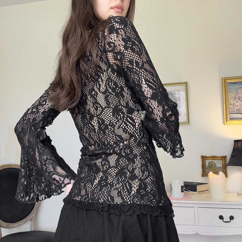 Dark Coquette V-neck Bell Sleeve Lace Top - Image 4