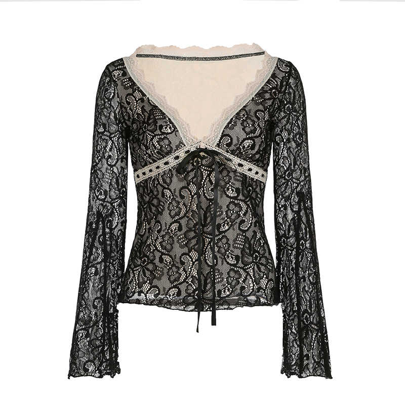 Dark Coquette V-neck Bell Sleeve Lace Top - Image 5