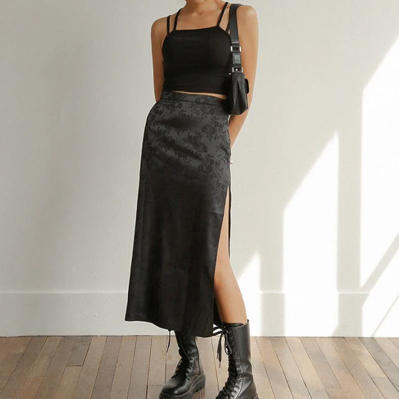 Dark Floral Side Slit Midi Skirt - Image 5