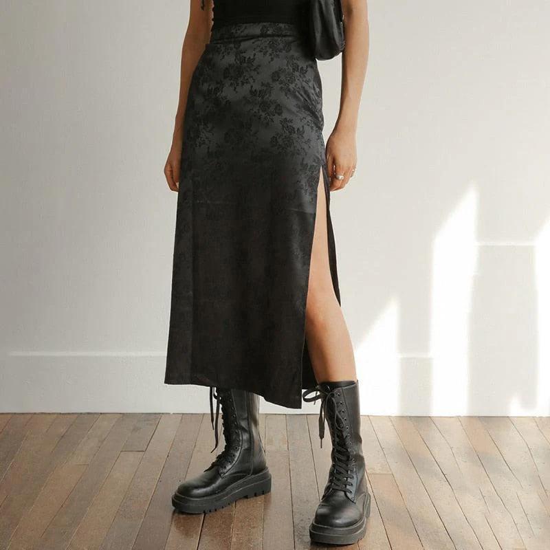 Dark Floral Side Slit Midi Skirt - Image 7