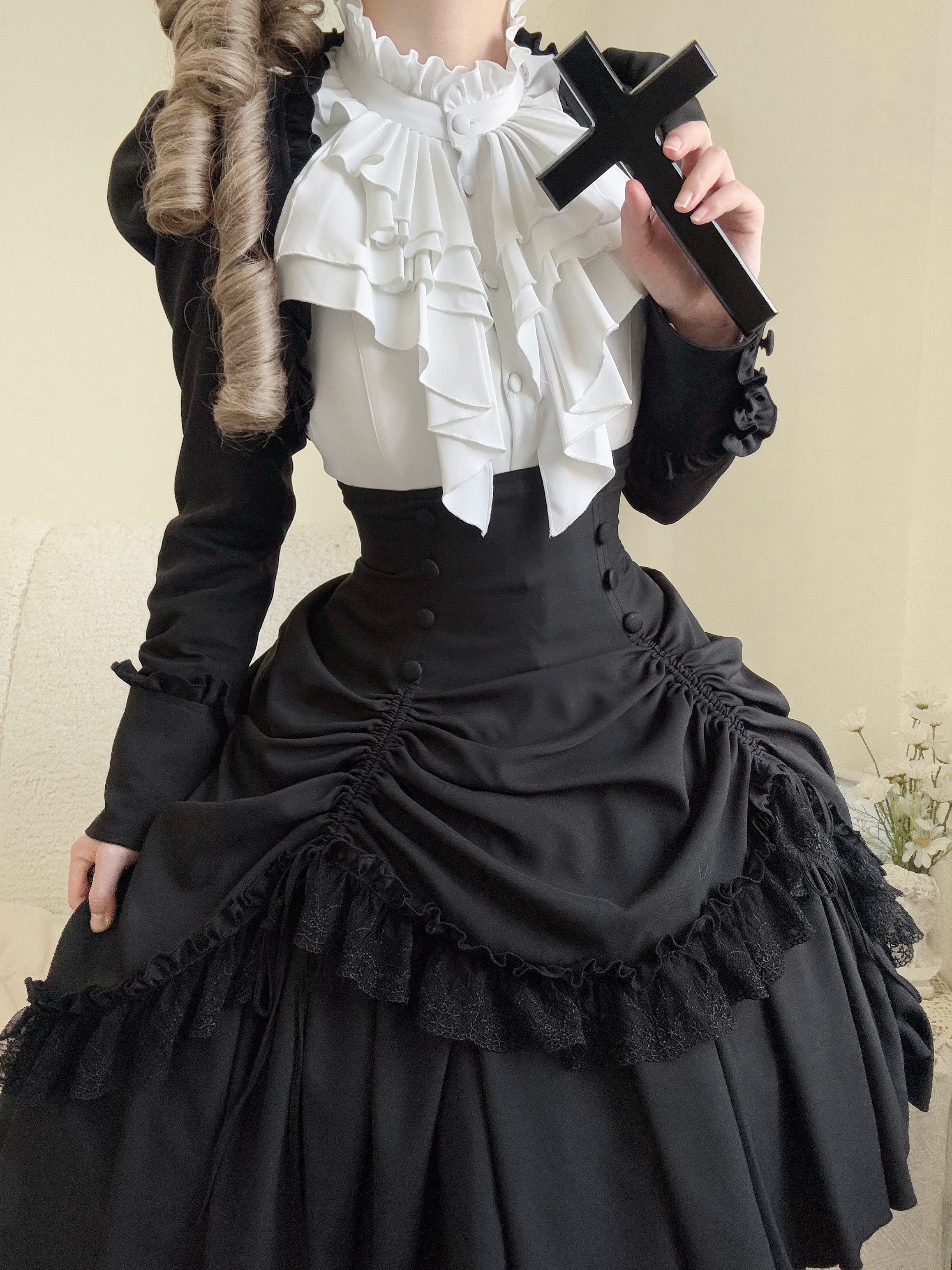 [Pre-order] Dark Gothic Black Short Jacket + White Shirt + Rose Ribbon - Image 2
