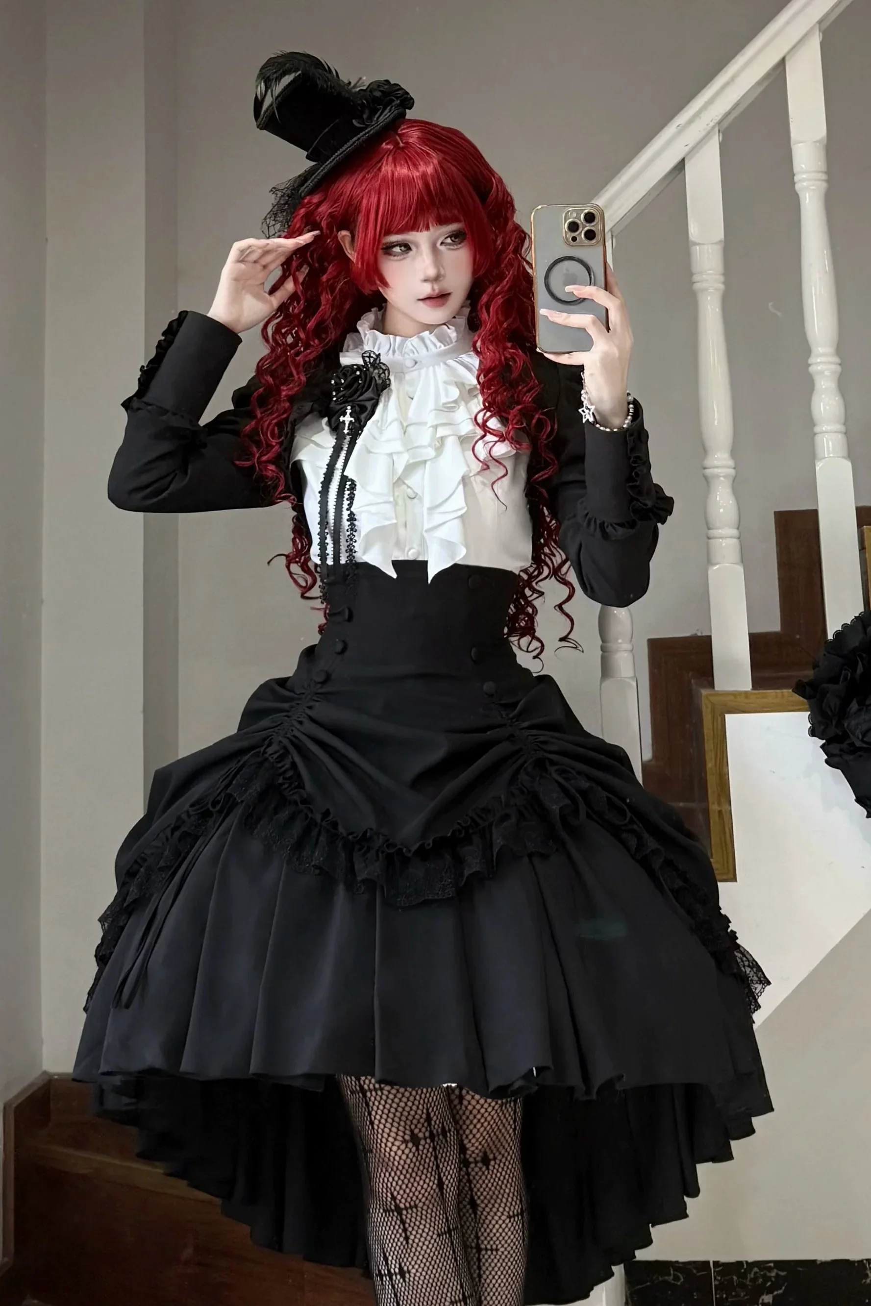 [Pre-order] Dark Gothic Black Short Jacket + White Shirt + Rose Ribbon - Image 3